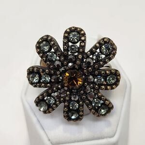 Cookie Lee Flower Rhinestone Brass Tone Stretch Cocktail Ring Statement Jewelry